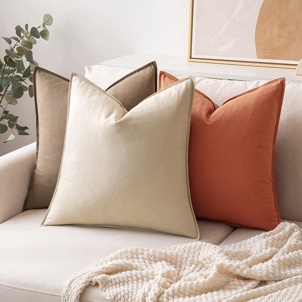 imageMIULEE Pack of 2 Decorative Linen Pillow Covers Boho Farmhouse Modern Soft Accent Throw Pillows Neutral Cushion Covers for Sofa Couch Bed Living Room Home Decor 18x18 Inch Olive GreenCoco Brown