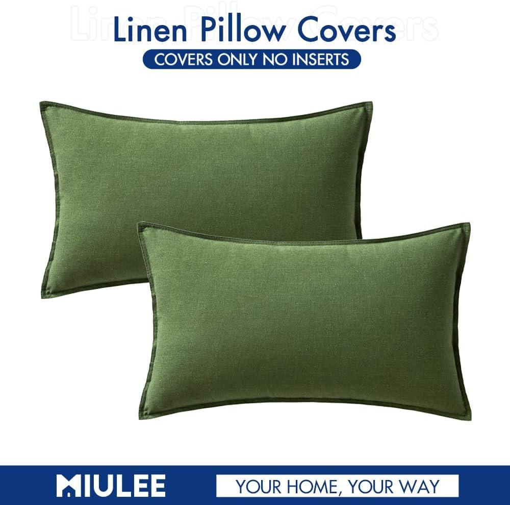 imageMIULEE Pack of 2 Decorative Linen Pillow Covers Boho Farmhouse Modern Soft Accent Throw Pillows Neutral Cushion Covers for Sofa Couch Bed Living Room Home Decor 18x18 Inch Olive GreenMoss Green
