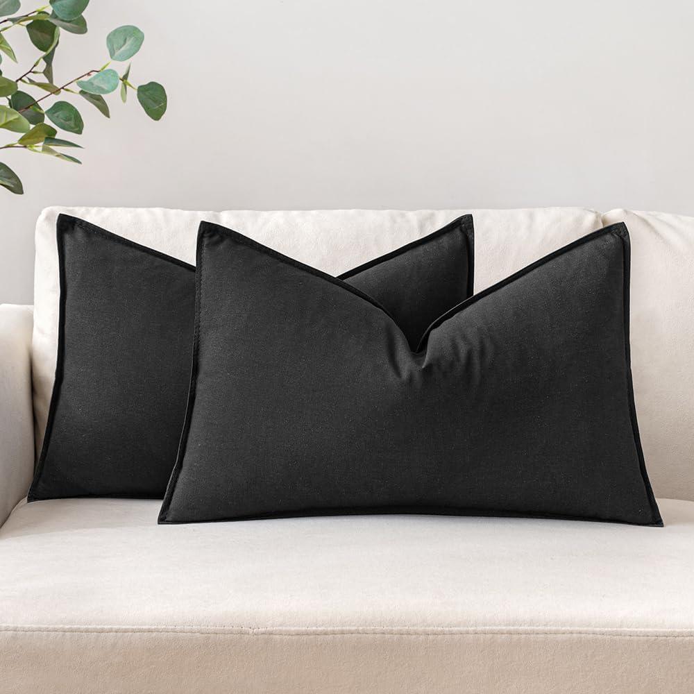 imageMIULEE Pack of 2 Decorative Linen Pillow Covers Boho Farmhouse Modern Soft Accent Throw Pillows Neutral Cushion Covers for Sofa Couch Bed Living Room Home Decor 18x18 Inch Olive GreenBlack