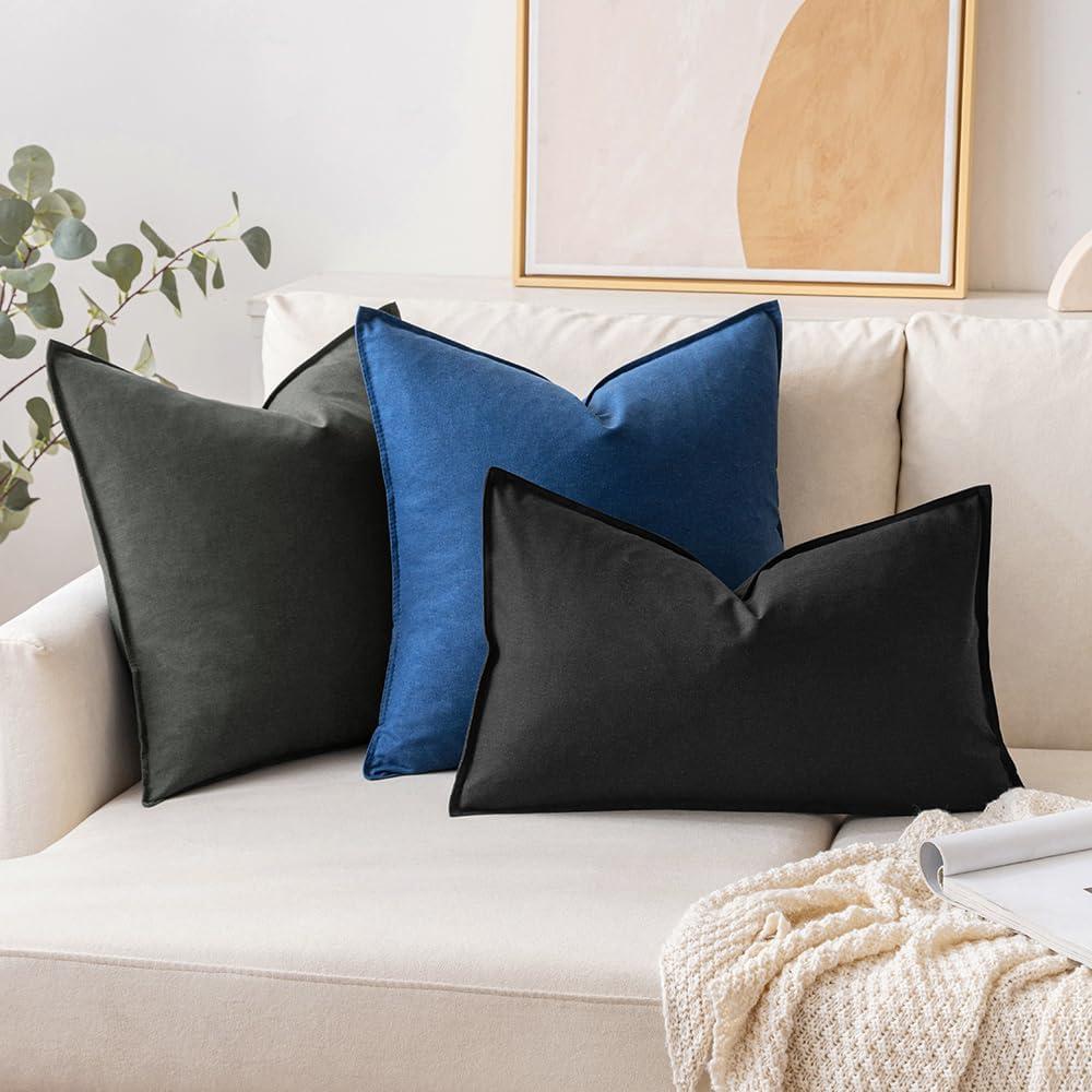 imageMIULEE Pack of 2 Decorative Linen Pillow Covers Boho Farmhouse Modern Soft Accent Throw Pillows Neutral Cushion Covers for Sofa Couch Bed Living Room Home Decor 18x18 Inch Olive GreenNavy