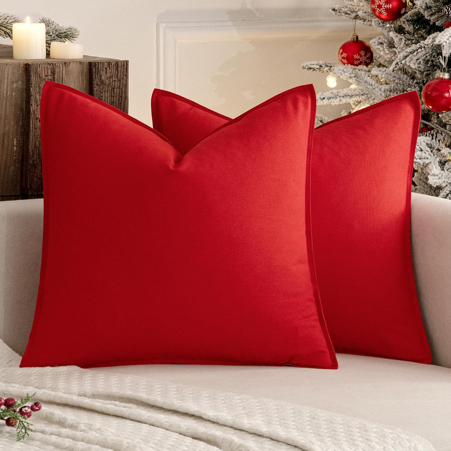 imageMIULEE Pack of 2 Decorative Linen Pillow Covers Boho Farmhouse Modern Soft Accent Throw Pillows Neutral Cushion Covers for Sofa Couch Bed Living Room Home Decor 18x18 Inch Olive GreenChristmas Red