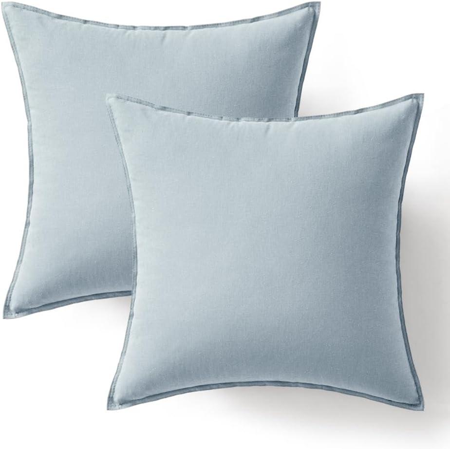 imageMIULEE Pack of 2 Decorative Linen Pillow Covers Boho Farmhouse Modern Soft Accent Throw Pillows Neutral Cushion Covers for Sofa Couch Bed Living Room Home Decor 18x18 Inch Olive GreenCoastal Blue