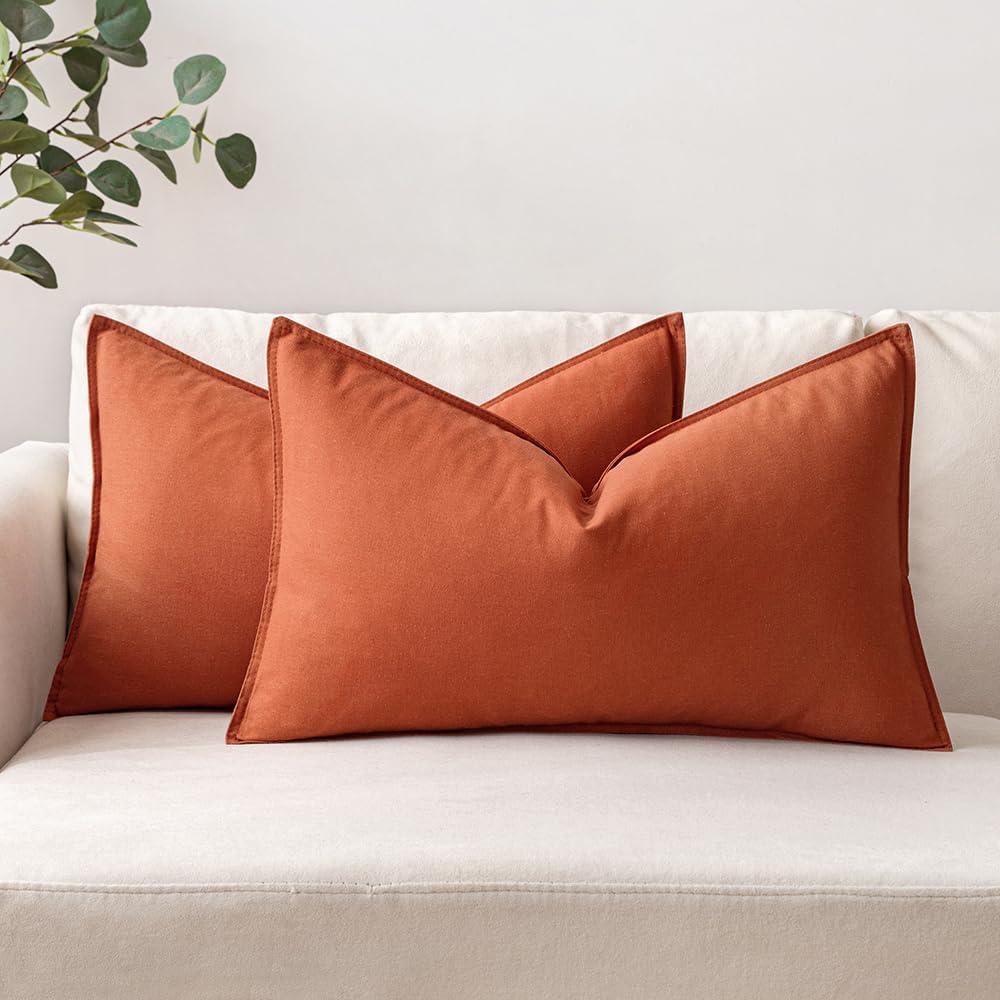 imageMIULEE Pack of 2 Decorative Linen Pillow Covers Boho Farmhouse Modern Soft Accent Throw Pillows Neutral Cushion Covers for Sofa Couch Bed Living Room Home Decor 18x18 Inch Olive GreenBurnt Orange
