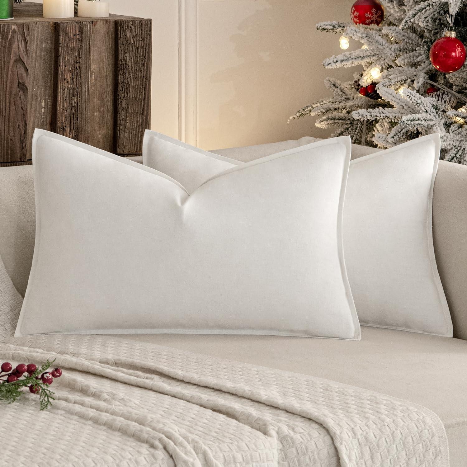 imageMIULEE Pack of 2 Decorative Linen Pillow Covers Boho Farmhouse Modern Soft Accent Throw Pillows Neutral Cushion Covers for Sofa Couch Bed Living Room Home Decor 18x18 Inch Olive GreenPure White