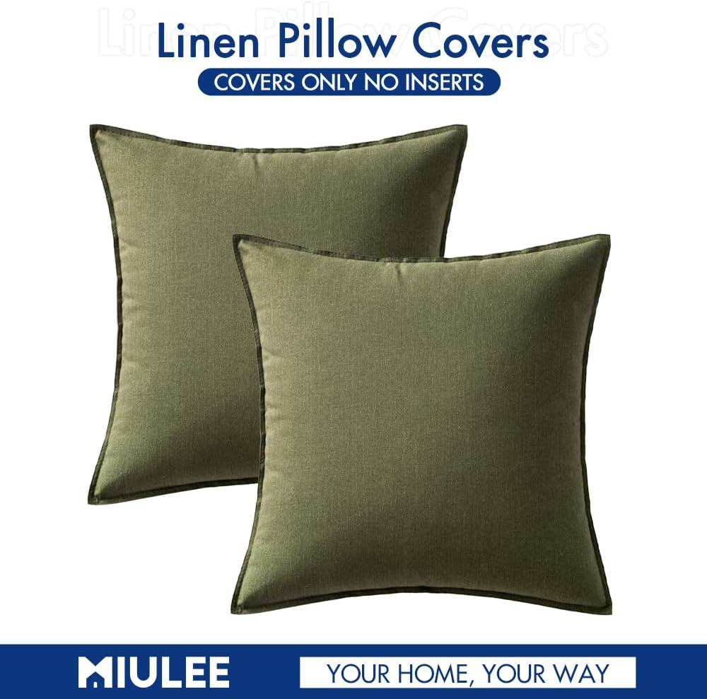 imageMIULEE Pack of 2 Decorative Linen Pillow Covers Boho Farmhouse Modern Soft Accent Throw Pillows Neutral Cushion Covers for Sofa Couch Bed Living Room Home Decor 18x18 Inch Olive GreenOlive Green