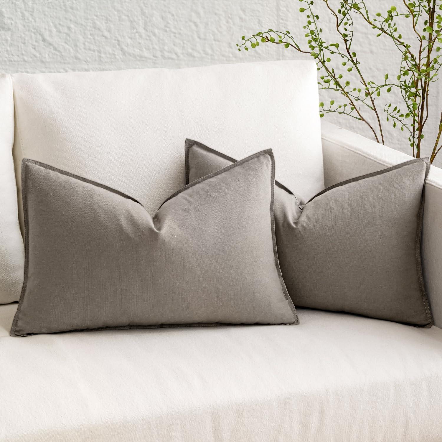 imageMIULEE Pack of 2 Decorative Linen Pillow Covers Boho Farmhouse Modern Soft Accent Throw Pillows Neutral Cushion Covers for Sofa Couch Bed Living Room Home Decor 18x18 Inch Olive GreenLight Grey