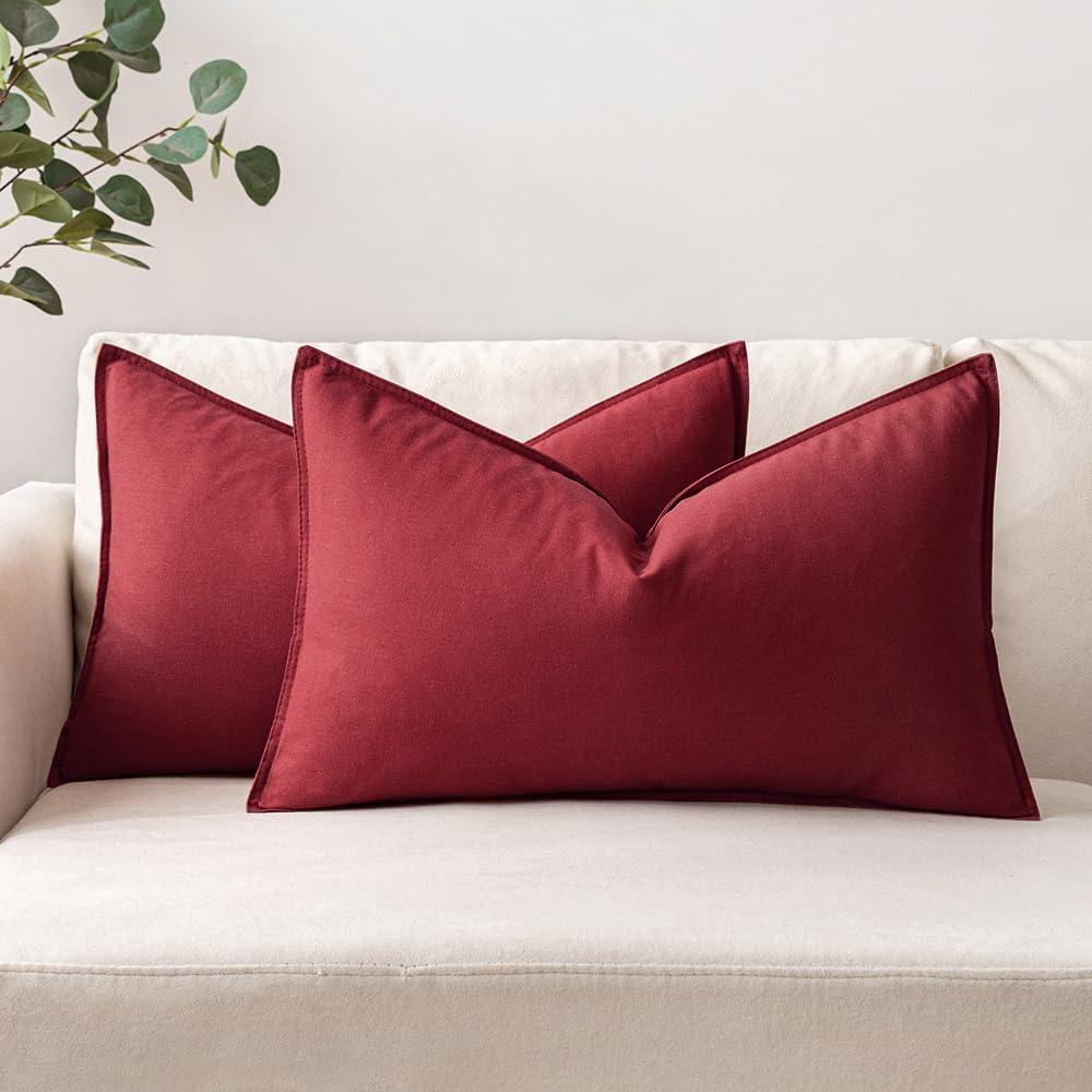 imageMIULEE Pack of 2 Decorative Linen Pillow Covers Boho Farmhouse Modern Soft Accent Throw Pillows Neutral Cushion Covers for Sofa Couch Bed Living Room Home Decor 18x18 Inch Olive GreenBurgundy Red