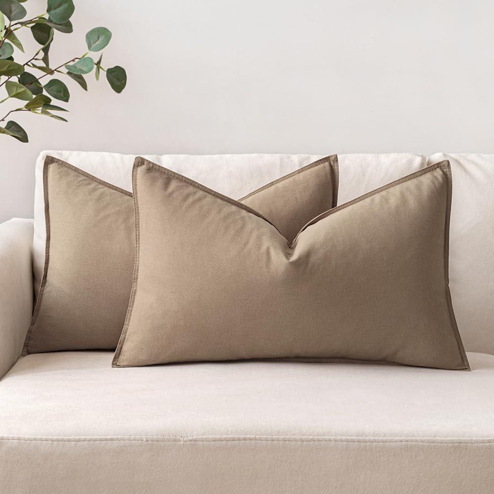 imageMIULEE Pack of 2 Decorative Linen Pillow Covers Boho Farmhouse Modern Soft Accent Throw Pillows Neutral Cushion Covers for Sofa Couch Bed Living Room Home Decor 18x18 Inch Olive GreenCoco Brown