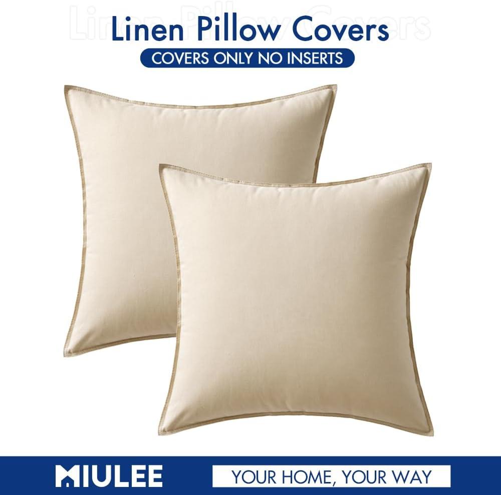 imageMIULEE Pack of 2 Decorative Linen Pillow Covers Boho Farmhouse Modern Soft Accent Throw Pillows Neutral Cushion Covers for Sofa Couch Bed Living Room Home Decor 18x18 Inch Olive GreenBeige