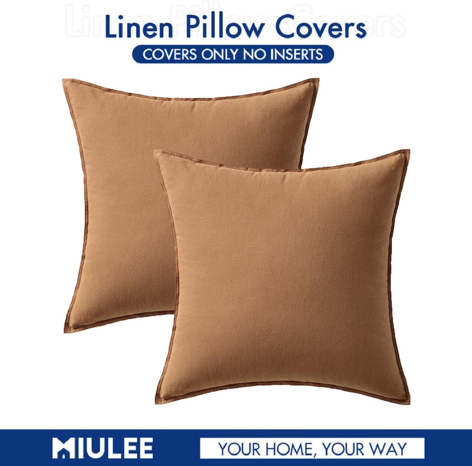 imageMIULEE Pack of 2 Decorative Linen Pillow Covers Boho Farmhouse Modern Soft Accent Throw Pillows Neutral Cushion Covers for Sofa Couch Bed Living Room Home Decor 18x18 Inch Olive GreenBrown