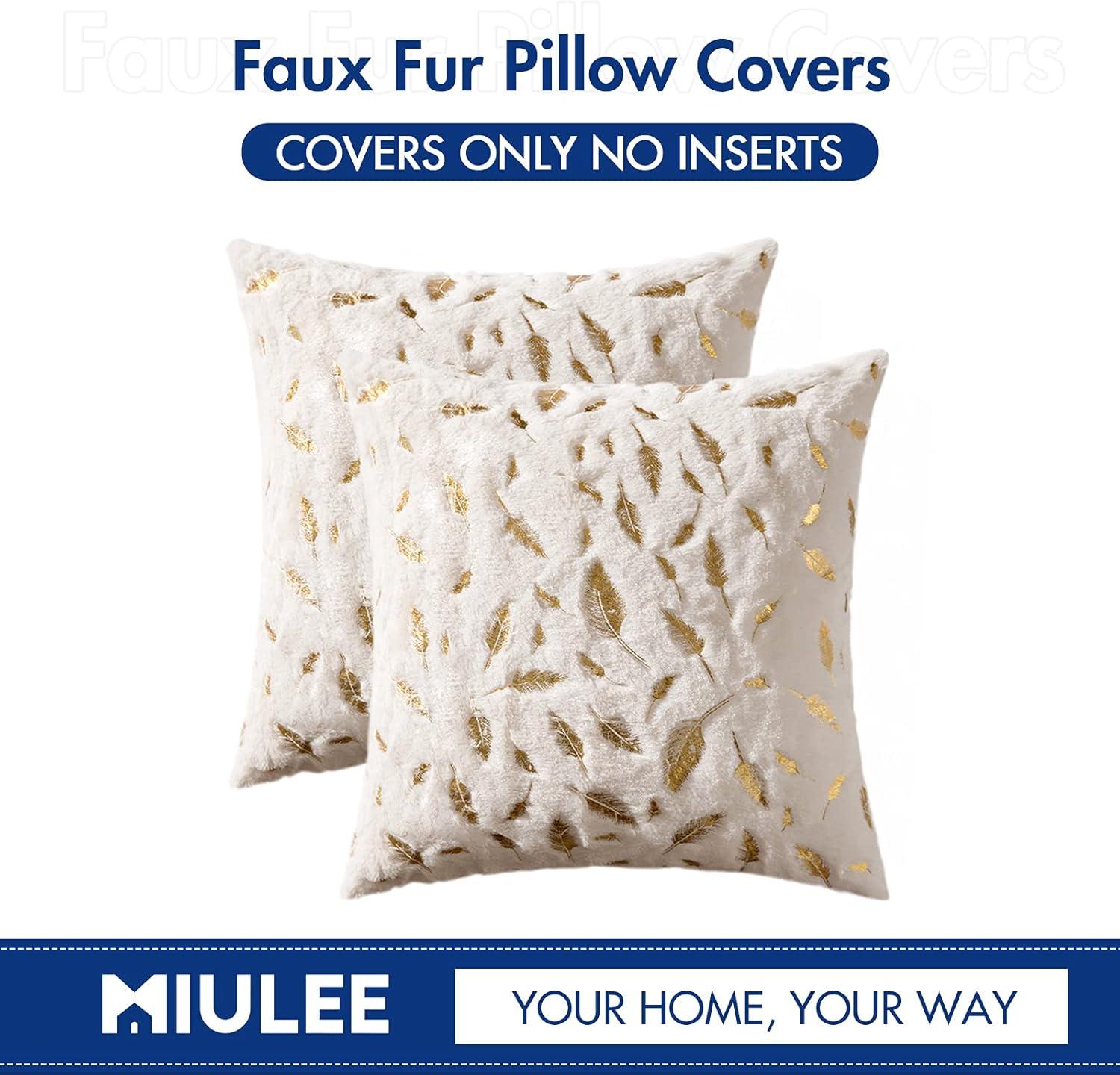 imageMIULEE Pack of 2 Decorative Throw Pillow Covers Plush Faux Fur with Gold Feathers Gilding Leaves Cushion Covers Cases Soft Fuzzy Cute Pillowcase for Couch Sofa Bed 18 x 18 Inch Ivory
