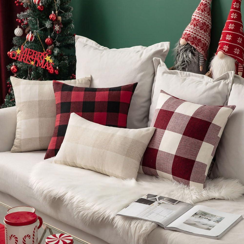 imageMIULEE Pack of 2 Farmhouse Buffalo Check Plaids Polyester Linen Soft Soild Decorative Square Throw Pillow Covers Outdoor Home Decor Cushion Case for Sofa Bedroom 18x18 Inch Cream White and WhiteBlack and Red