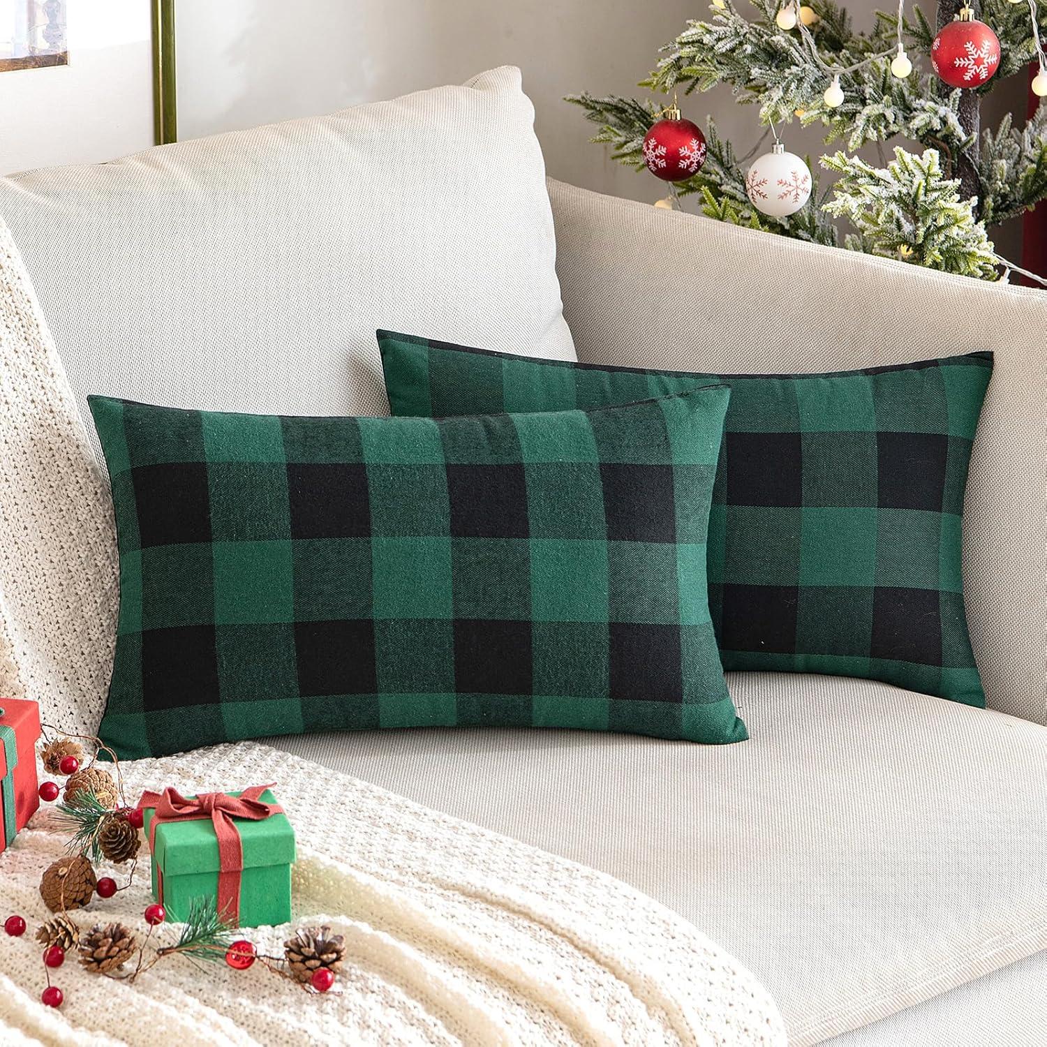 imageMIULEE Pack of 2 Farmhouse Buffalo Check Plaids Polyester Linen Soft Soild Decorative Square Throw Pillow Covers Outdoor Home Decor Cushion Case for Sofa Bedroom 18x18 Inch Cream White and WhiteGreen and Black