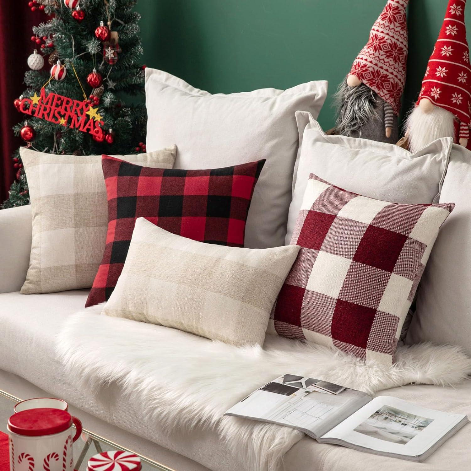 imageMIULEE Pack of 2 Farmhouse Buffalo Check Plaids Polyester Linen Soft Soild Decorative Square Throw Pillow Covers Outdoor Home Decor Cushion Case for Sofa Bedroom 18x18 Inch Cream White and WhiteBlack and Red