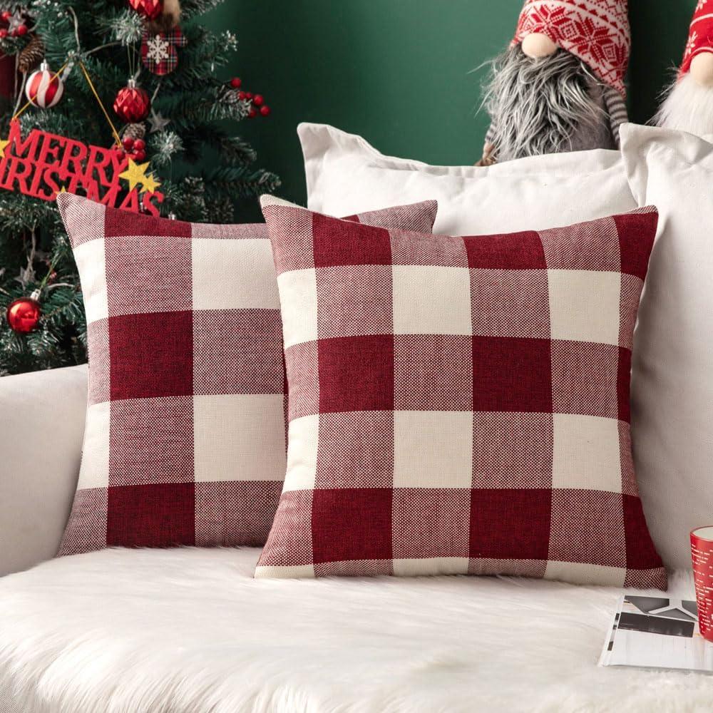 imageMIULEE Pack of 2 Farmhouse Buffalo Check Plaids Polyester Linen Soft Soild Decorative Square Throw Pillow Covers Outdoor Home Decor Cushion Case for Sofa Bedroom 18x18 Inch Cream White and WhiteWhite and Red