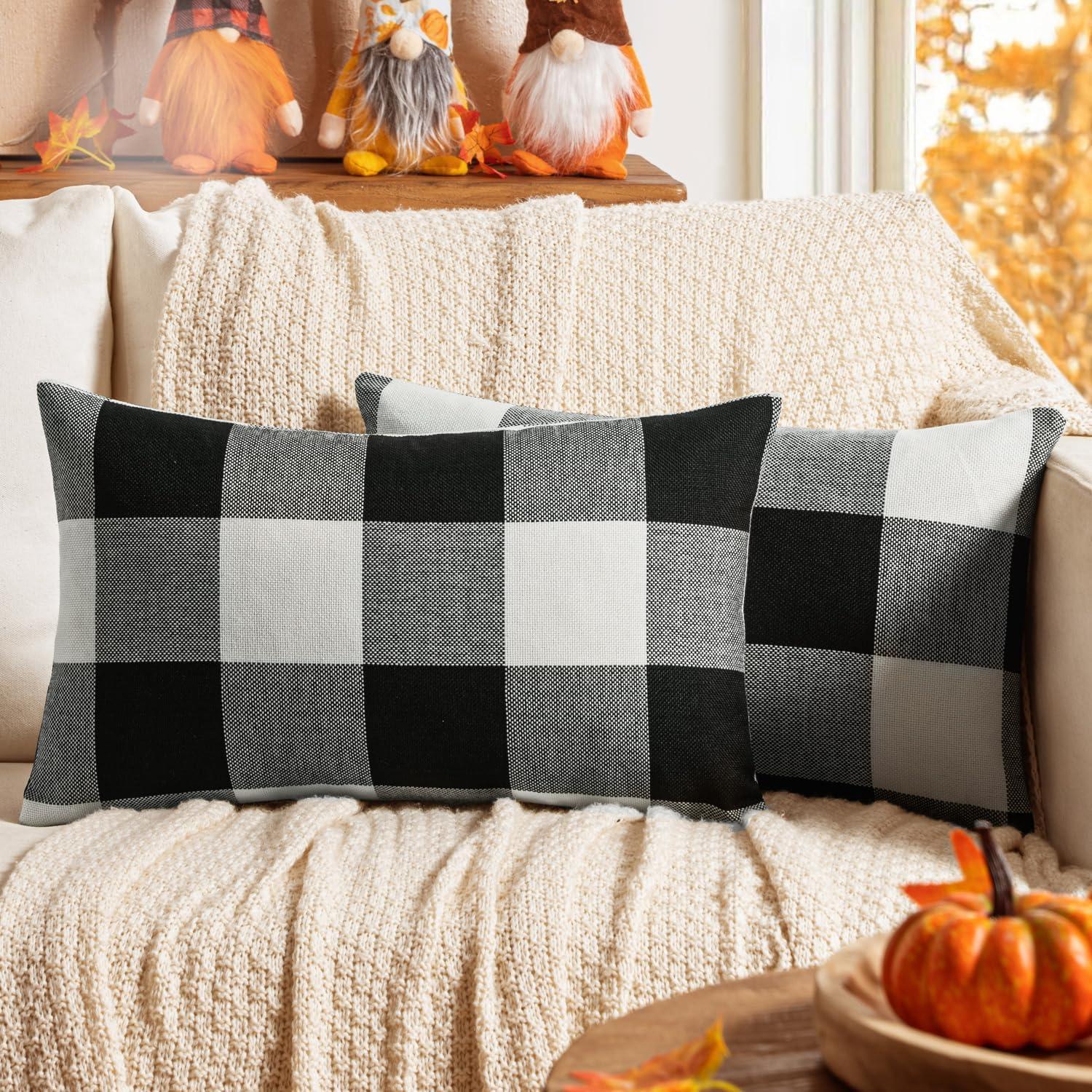 imageMIULEE Pack of 2 Farmhouse Buffalo Check Plaids Polyester Linen Soft Soild Decorative Square Throw Pillow Covers Outdoor Home Decor Cushion Case for Sofa Bedroom 18x18 Inch Cream White and WhiteBlack and White