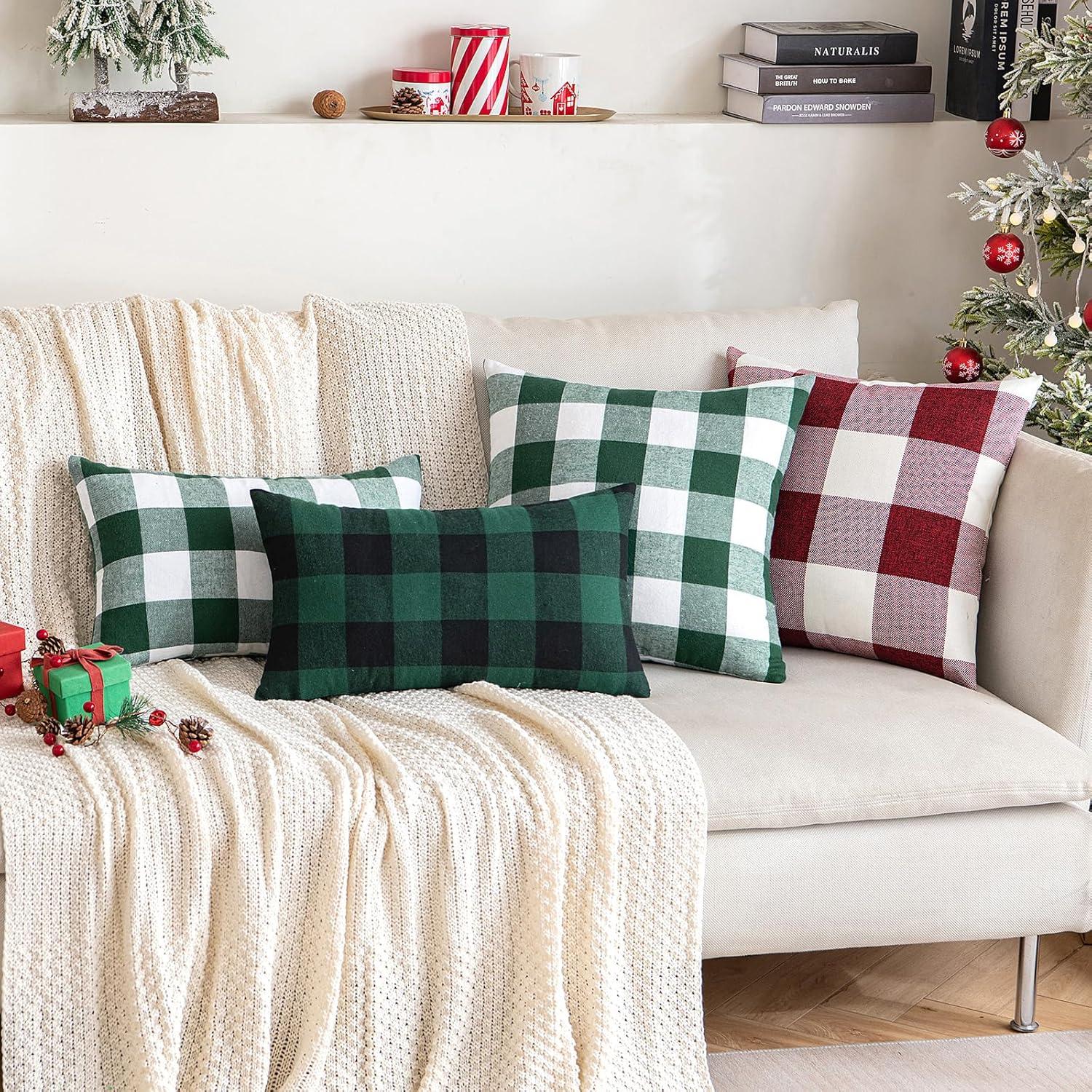 imageMIULEE Pack of 2 Farmhouse Buffalo Check Plaids Polyester Linen Soft Soild Decorative Square Throw Pillow Covers Outdoor Home Decor Cushion Case for Sofa Bedroom 18x18 Inch Cream White and WhiteGreen and Black
