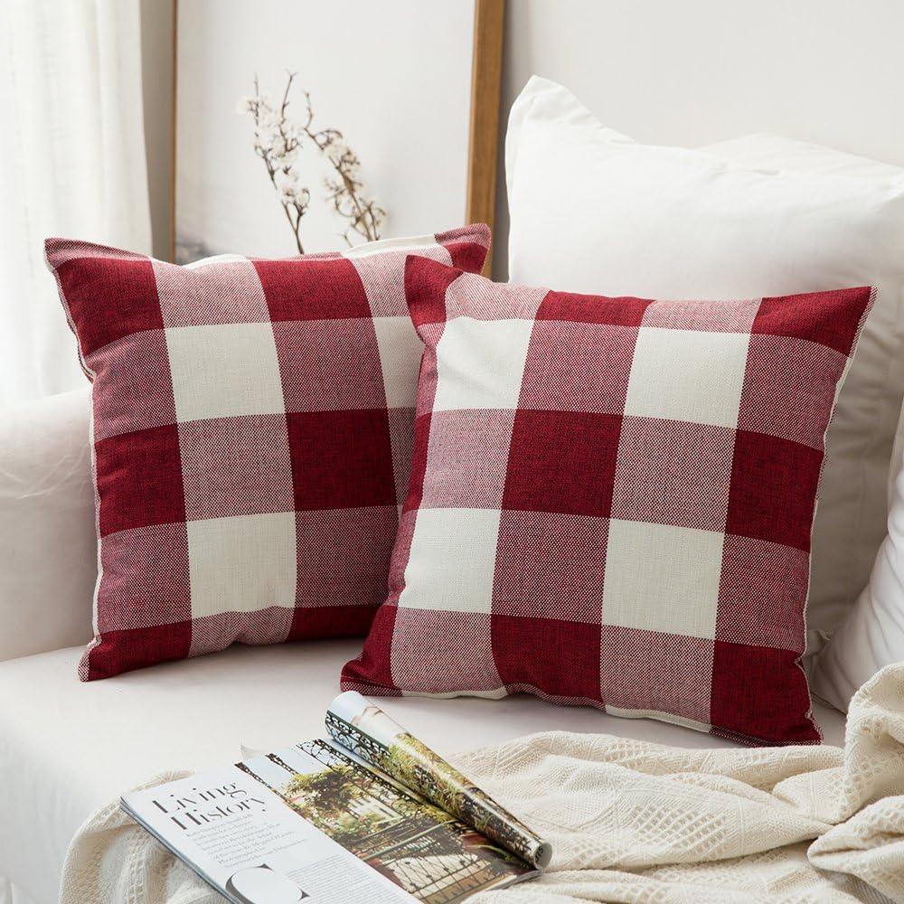 imageMIULEE Pack of 2 Farmhouse Buffalo Check Plaids Polyester Linen Soft Soild Decorative Square Throw Pillow Covers Outdoor Home Decor Cushion Case for Sofa Bedroom 18x18 Inch Cream White and WhiteWhite and Red
