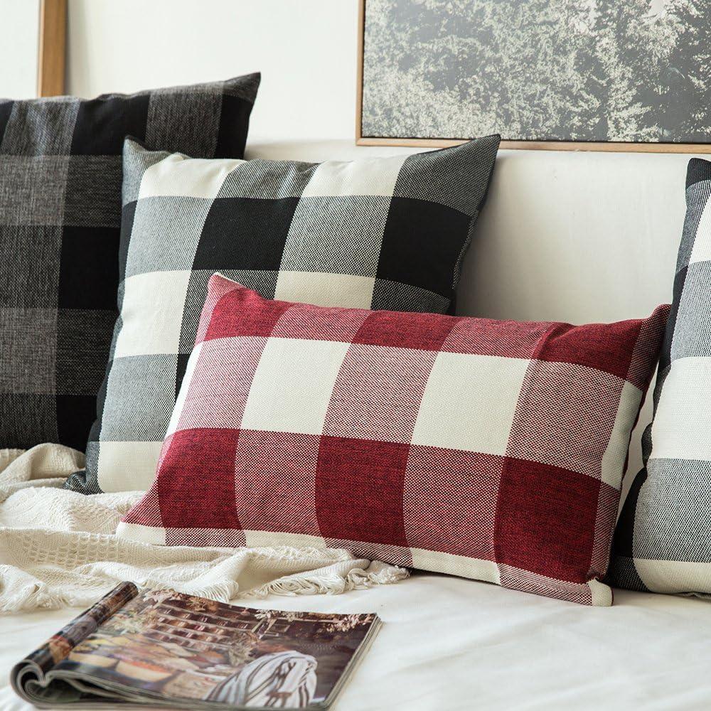 imageMIULEE Pack of 2 Farmhouse Buffalo Check Plaids Polyester Linen Soft Soild Decorative Square Throw Pillow Covers Outdoor Home Decor Cushion Case for Sofa Bedroom 18x18 Inch Cream White and WhiteWhite and Red