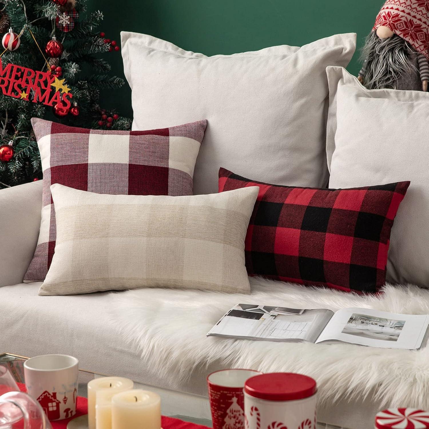 imageMIULEE Pack of 2 Farmhouse Buffalo Check Plaids Polyester Linen Soft Soild Decorative Square Throw Pillow Covers Outdoor Home Decor Cushion Case for Sofa Bedroom 18x18 Inch Cream White and WhiteBlack and Red