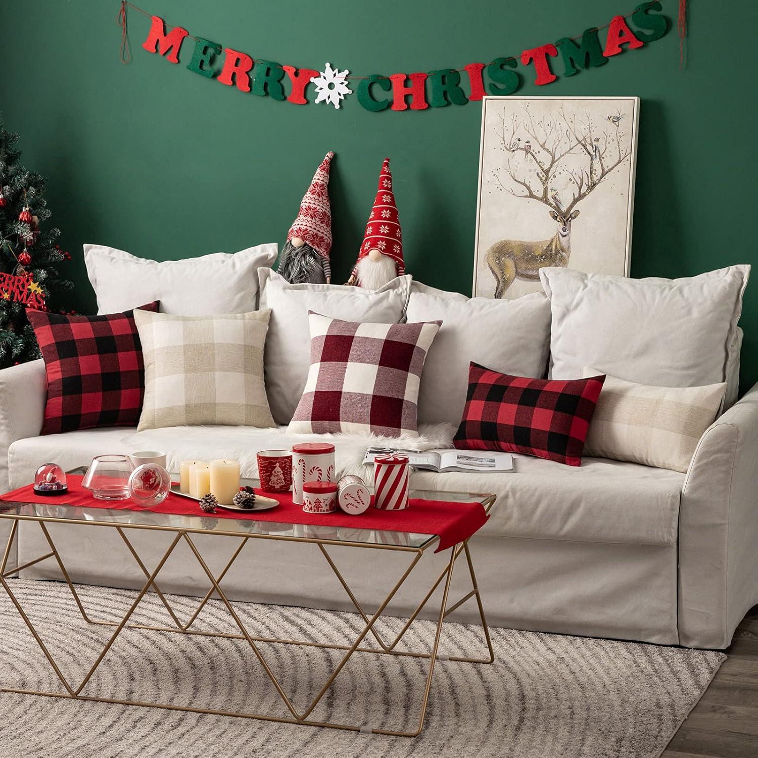 imageMIULEE Pack of 2 Farmhouse Buffalo Check Plaids Polyester Linen Soft Soild Decorative Square Throw Pillow Covers Outdoor Home Decor Cushion Case for Sofa Bedroom 18x18 Inch Cream White and WhiteWhite and Red