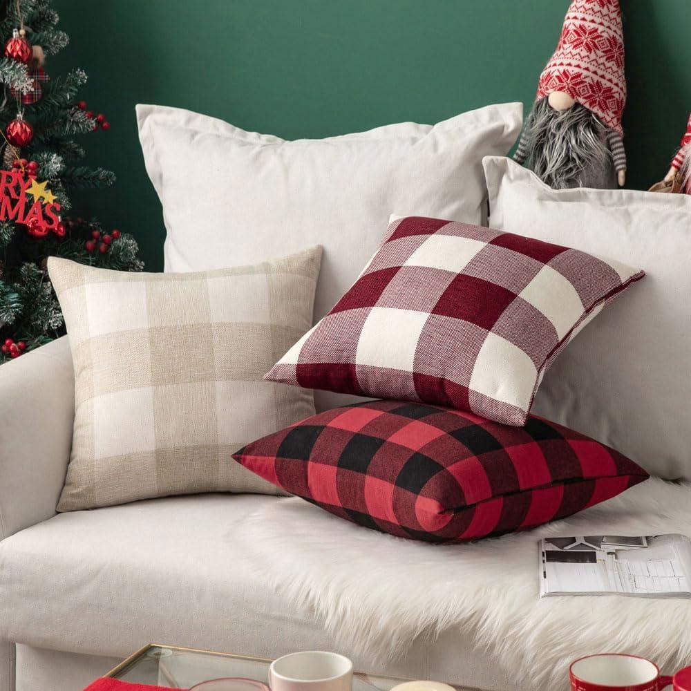 imageMIULEE Pack of 2 Farmhouse Buffalo Check Plaids Polyester Linen Soft Soild Decorative Square Throw Pillow Covers Outdoor Home Decor Cushion Case for Sofa Bedroom 18x18 Inch Cream White and WhiteWhite and Red