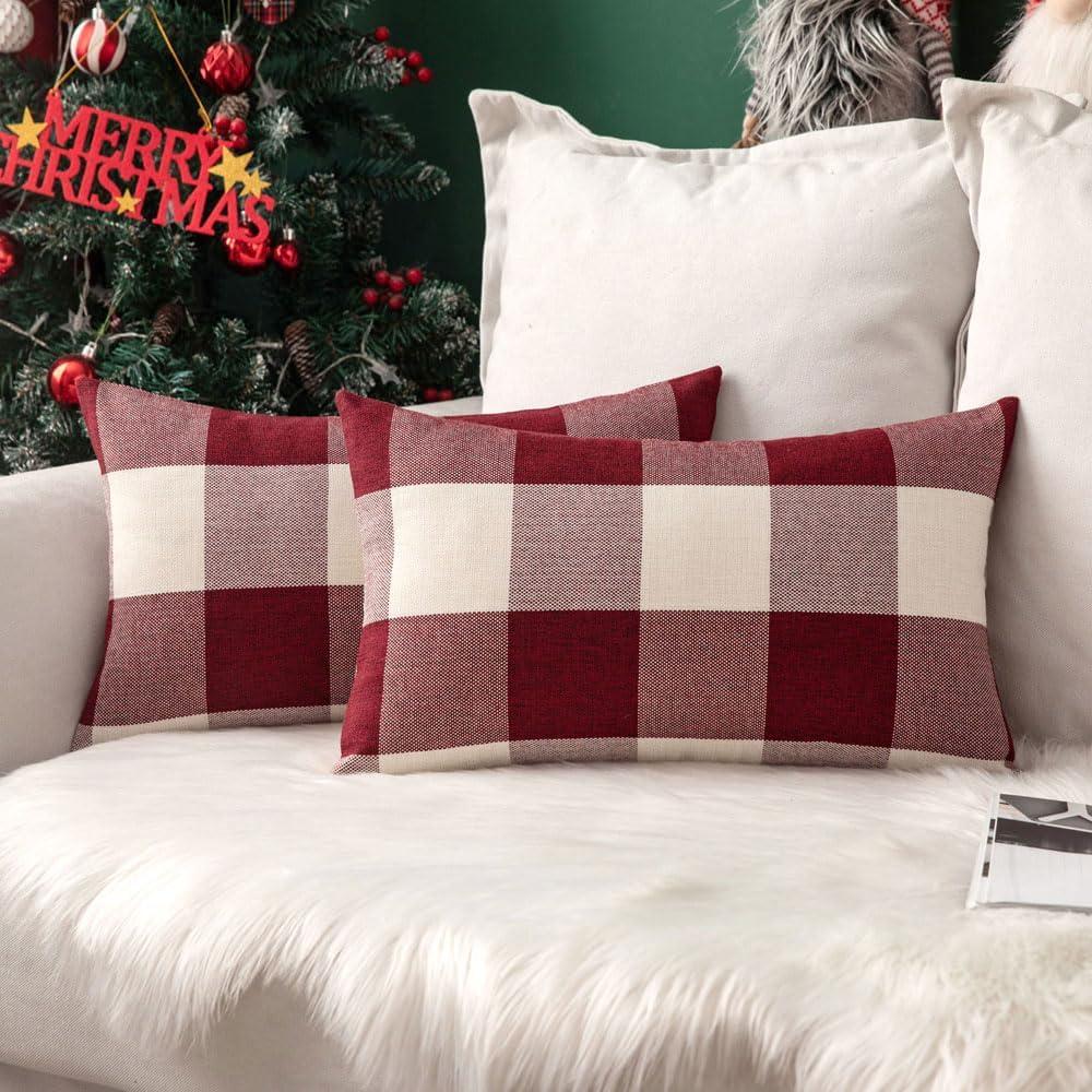 imageMIULEE Pack of 2 Farmhouse Buffalo Check Plaids Polyester Linen Soft Soild Decorative Square Throw Pillow Covers Outdoor Home Decor Cushion Case for Sofa Bedroom 18x18 Inch Cream White and WhiteWhite and Red