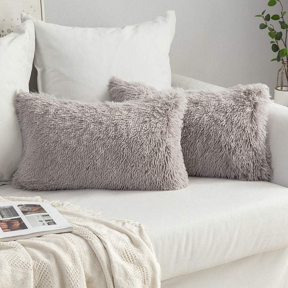 imageMIULEE Pack of 2 Luxury Faux Fur Throw Pillow Cover Deluxe Winter Decorative Plush Pillow Case Cushion Cover Shell for Sofa Bedroom Car 16 x 16 Inch BeigeGrey
