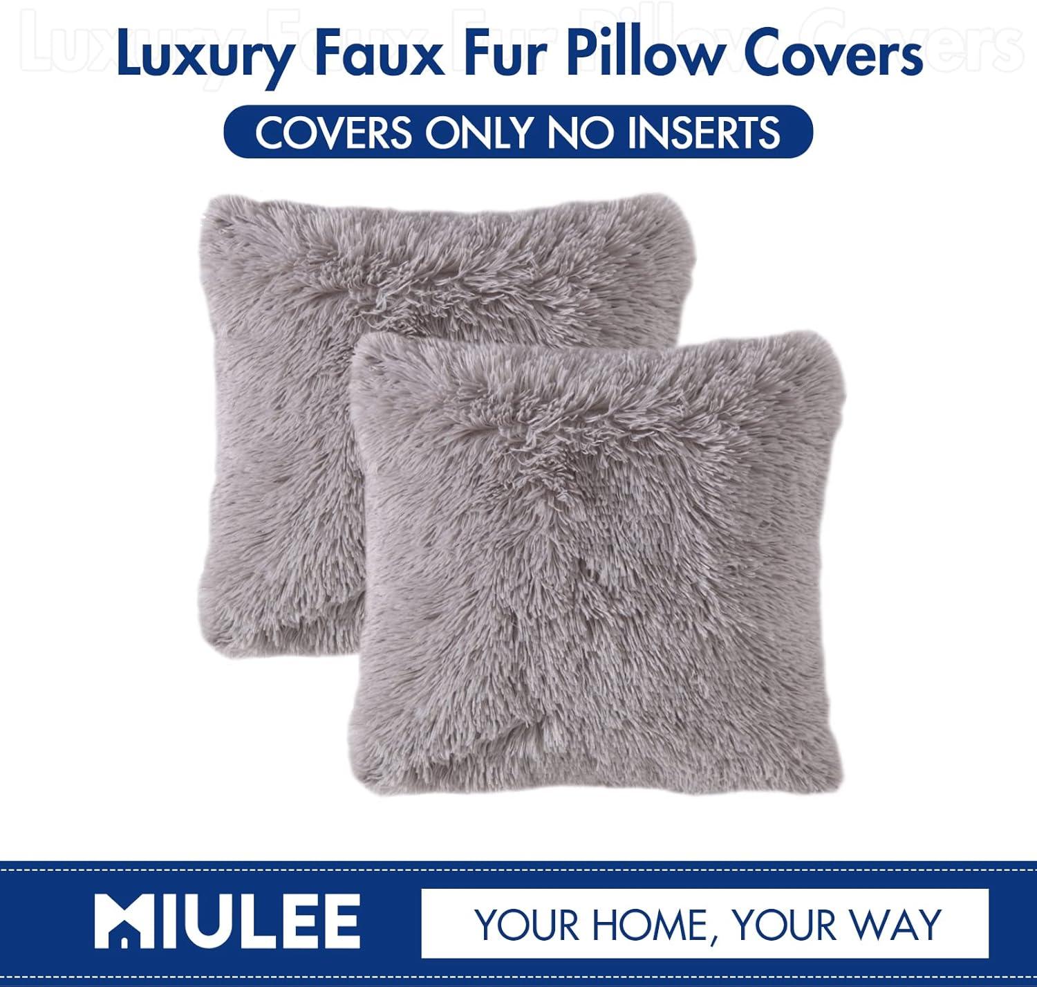 imageMIULEE Pack of 2 Luxury Faux Fur Throw Pillow Cover Deluxe Winter Decorative Plush Pillow Case Cushion Cover Shell for Sofa Bedroom Car 16 x 16 Inch BeigeGrey