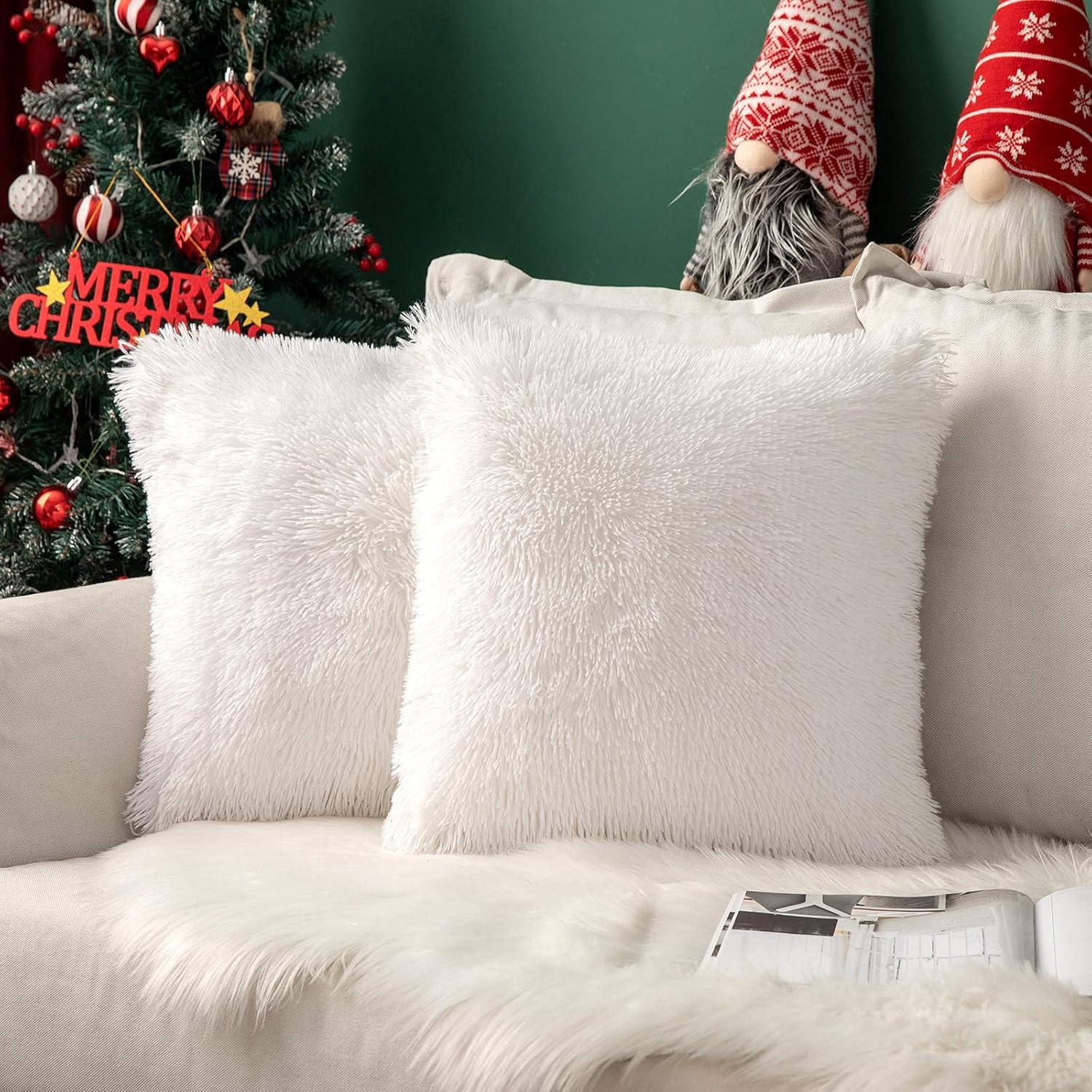 imageMIULEE Pack of 2 Luxury Faux Fur Throw Pillow Cover Deluxe Winter Decorative Plush Pillow Case Cushion Cover Shell for Sofa Bedroom Car 16 x 16 Inch BeigeWhite