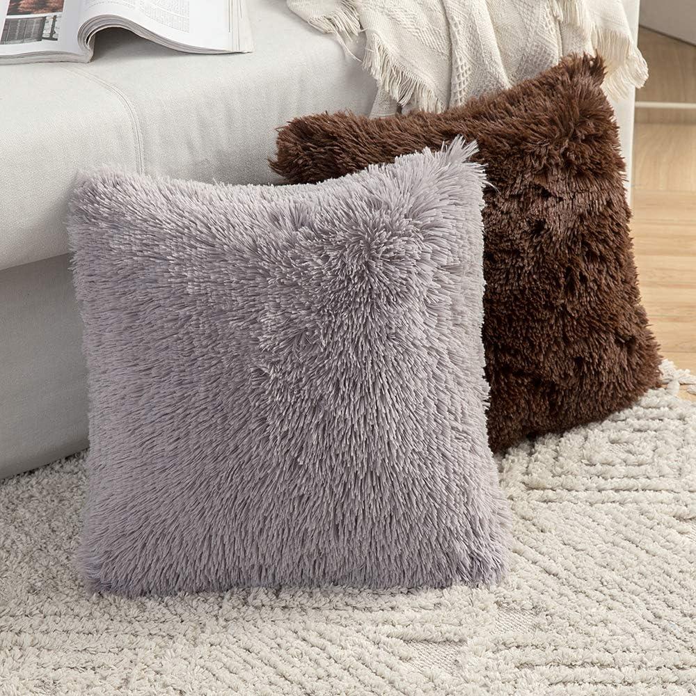 imageMIULEE Pack of 2 Luxury Faux Fur Throw Pillow Cover Deluxe Winter Decorative Plush Pillow Case Cushion Cover Shell for Sofa Bedroom Car 16 x 16 Inch BeigeGrey