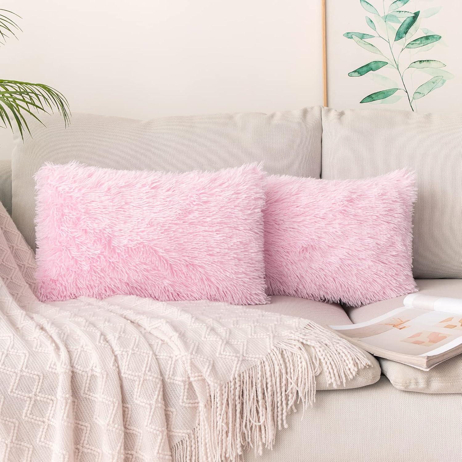 imageMIULEE Pack of 2 Luxury Faux Fur Throw Pillow Cover Deluxe Winter Decorative Plush Pillow Case Cushion Cover Shell for Sofa Bedroom Car 16 x 16 Inch BeigePink