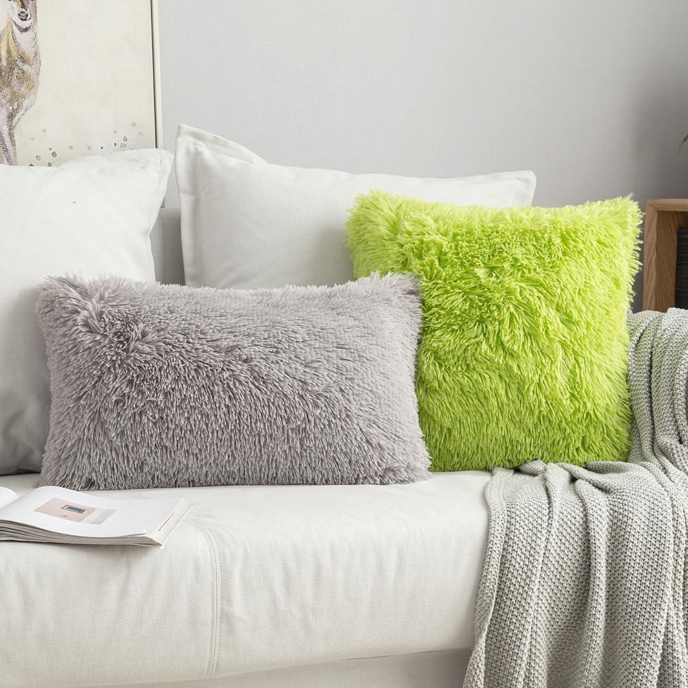 imageMIULEE Pack of 2 Luxury Faux Fur Throw Pillow Cover Deluxe Winter Decorative Plush Pillow Case Cushion Cover Shell for Sofa Bedroom Car 16 x 16 Inch BeigeGreen