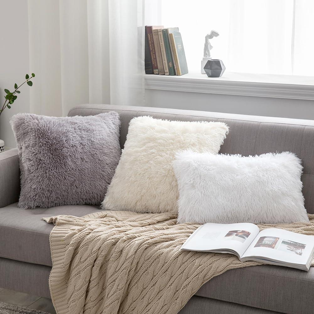 imageMIULEE Pack of 2 Luxury Faux Fur Throw Pillow Cover Deluxe Winter Decorative Plush Pillow Case Cushion Cover Shell for Sofa Bedroom Car 16 x 16 Inch BeigeWhite