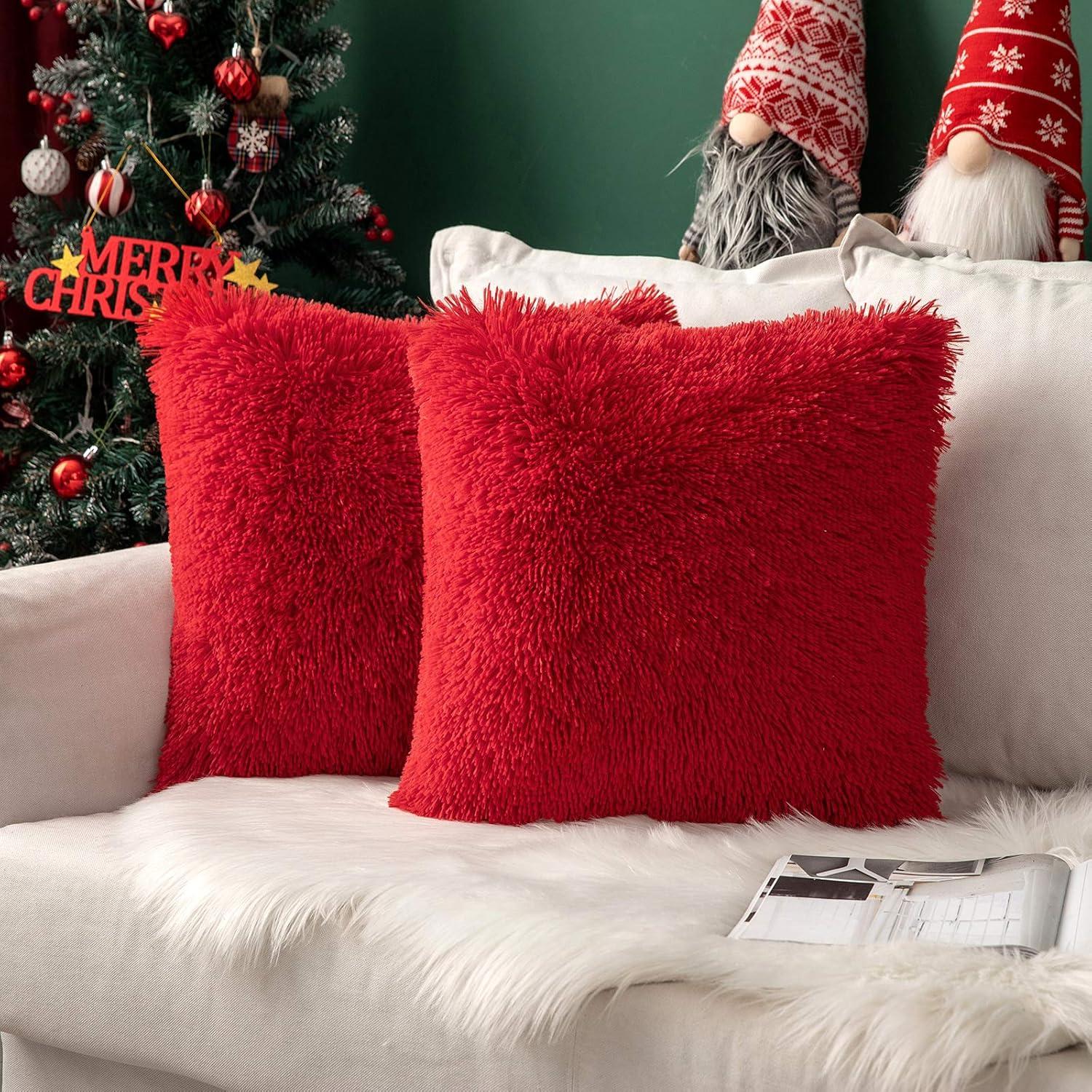 imageMIULEE Pack of 2 Luxury Faux Fur Throw Pillow Cover Deluxe Winter Decorative Plush Pillow Case Cushion Cover Shell for Sofa Bedroom Car 16 x 16 Inch BeigeRed