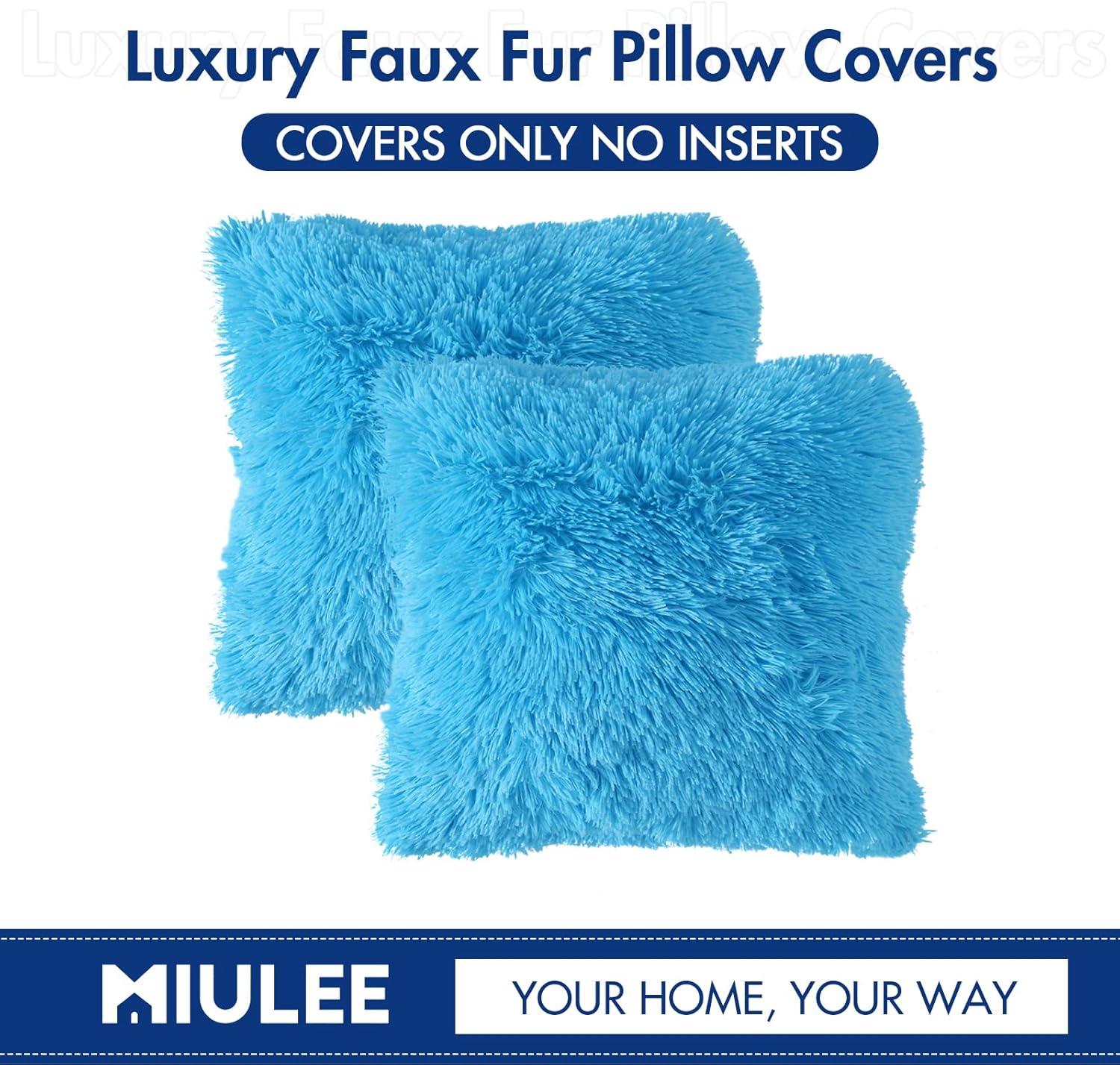 imageMIULEE Pack of 2 Luxury Faux Fur Throw Pillow Cover Deluxe Winter Decorative Plush Pillow Case Cushion Cover Shell for Sofa Bedroom Car 16 x 16 Inch BeigeLittle Blue