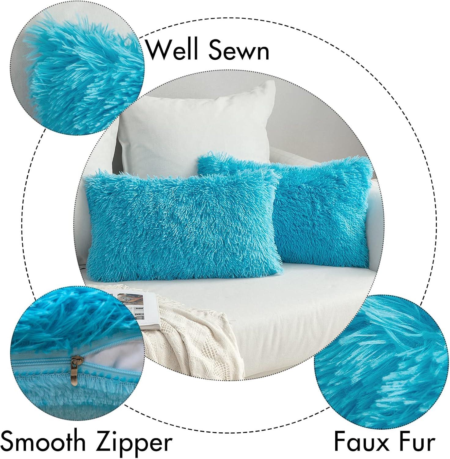 imageMIULEE Pack of 2 Luxury Faux Fur Throw Pillow Cover Deluxe Winter Decorative Plush Pillow Case Cushion Cover Shell for Sofa Bedroom Car 16 x 16 Inch BeigeLittle Blue