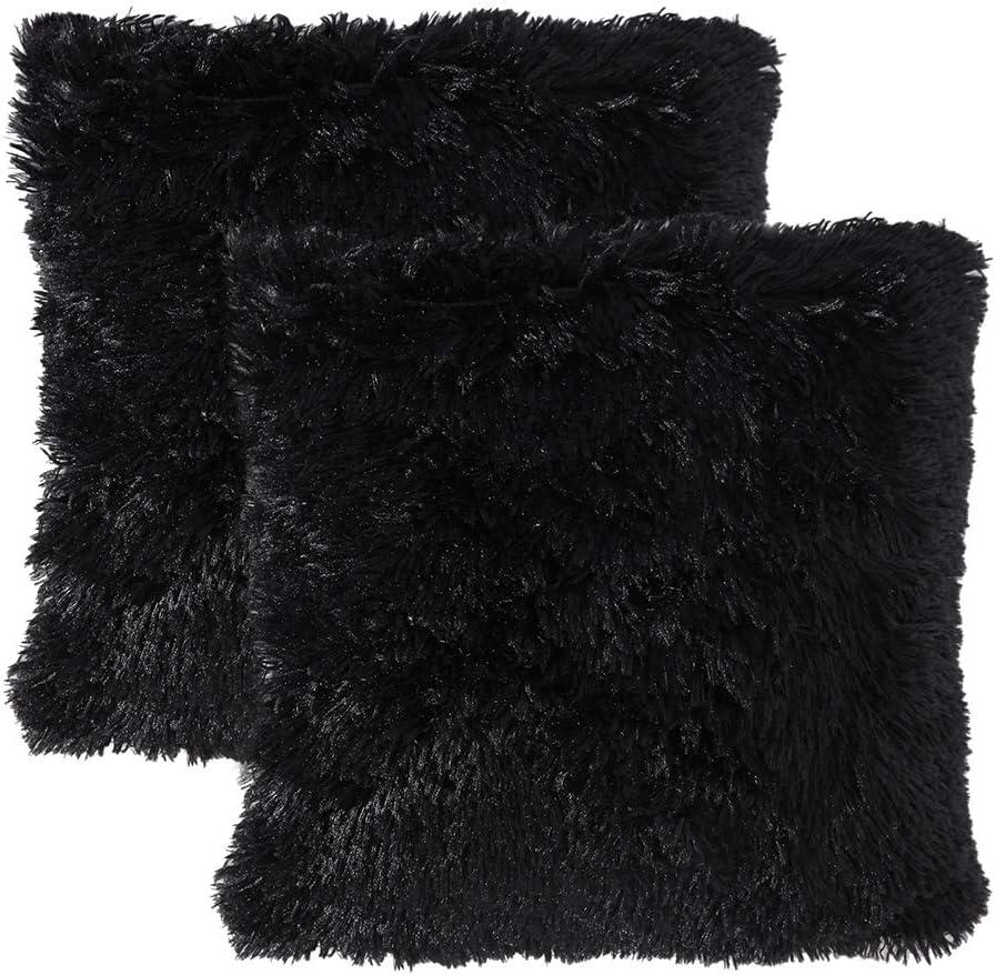 imageMIULEE Pack of 2 Luxury Faux Fur Throw Pillow Cover Deluxe Winter Decorative Plush Pillow Case Cushion Cover Shell for Sofa Bedroom Car 16 x 16 Inch BeigeBlack