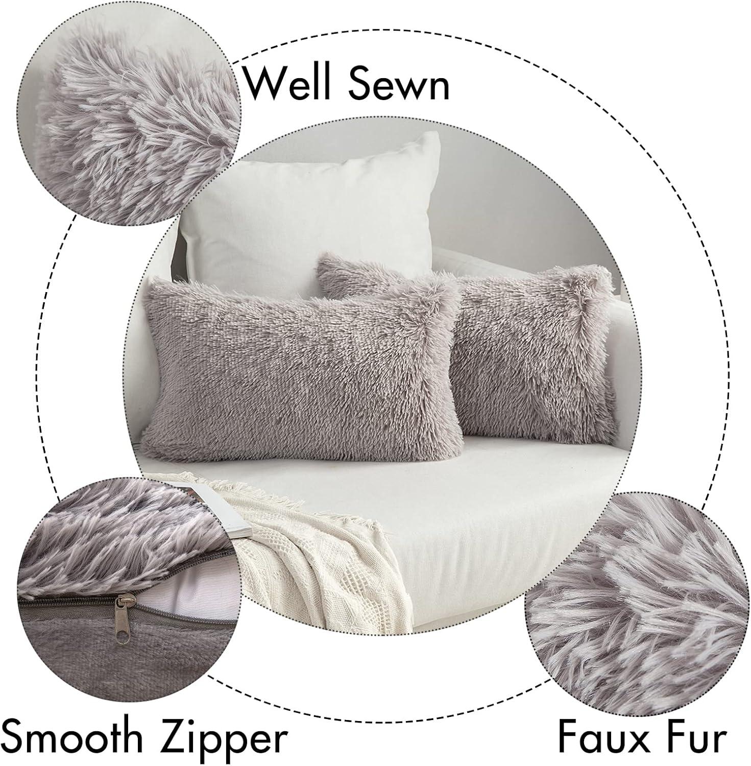 imageMIULEE Pack of 2 Luxury Faux Fur Throw Pillow Cover Deluxe Winter Decorative Plush Pillow Case Cushion Cover Shell for Sofa Bedroom Car 16 x 16 Inch BeigeGrey
