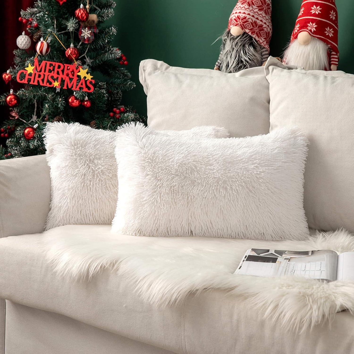 imageMIULEE Pack of 2 Luxury Faux Fur Throw Pillow Cover Deluxe Winter Decorative Plush Pillow Case Cushion Cover Shell for Sofa Bedroom Car 16 x 16 Inch BeigeWhite