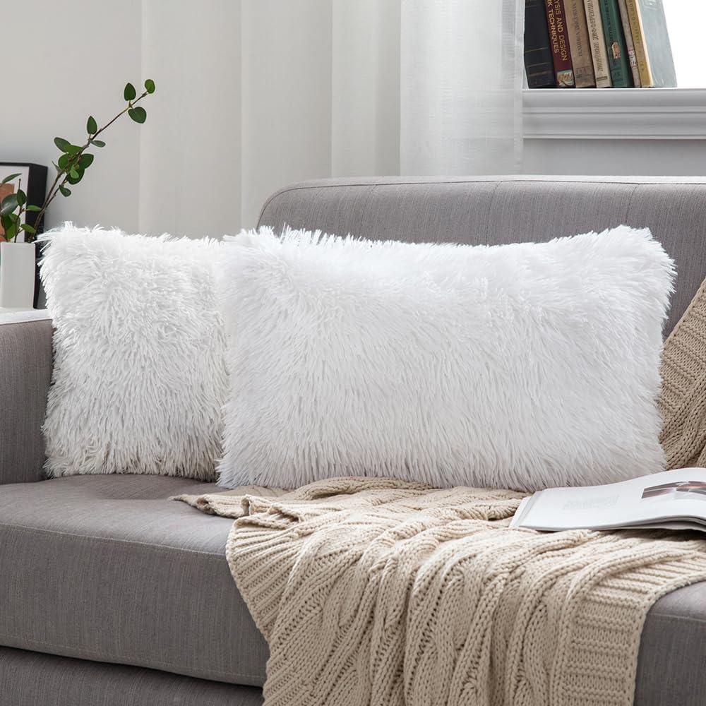 imageMIULEE Pack of 2 Luxury Faux Fur Throw Pillow Cover Deluxe Winter Decorative Plush Pillow Case Cushion Cover Shell for Sofa Bedroom Car 16 x 16 Inch BeigeWhite