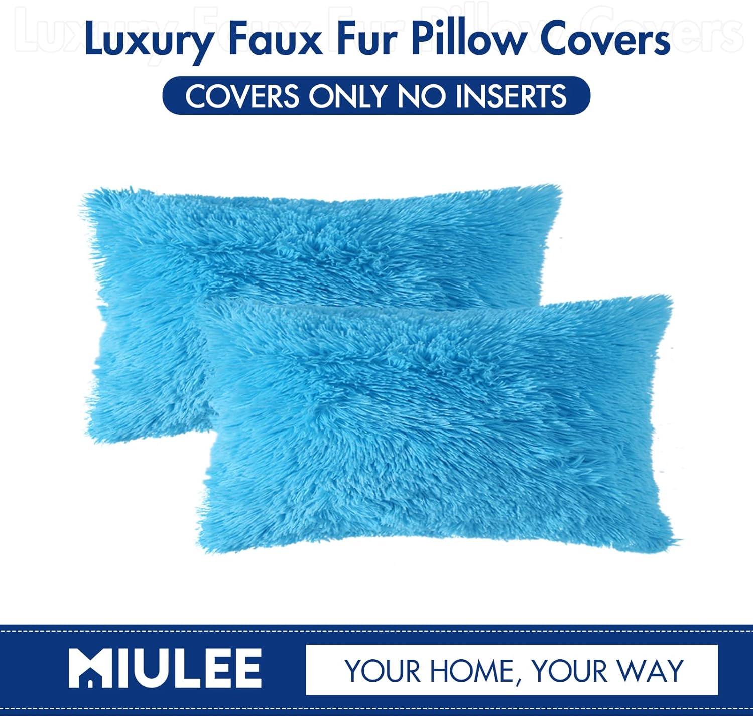 imageMIULEE Pack of 2 Luxury Faux Fur Throw Pillow Cover Deluxe Winter Decorative Plush Pillow Case Cushion Cover Shell for Sofa Bedroom Car 16 x 16 Inch BeigeLittle Blue