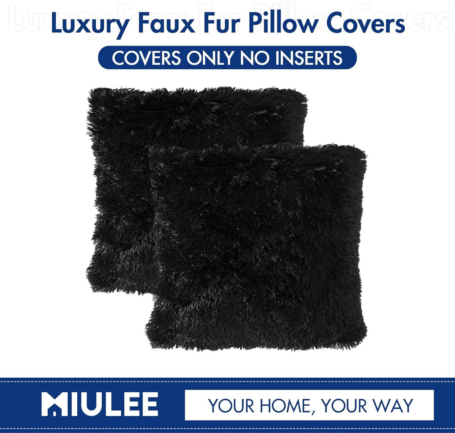 imageMIULEE Pack of 2 Luxury Faux Fur Throw Pillow Cover Deluxe Winter Decorative Plush Pillow Case Cushion Cover Shell for Sofa Bedroom Car 16 x 16 Inch BeigeBlack