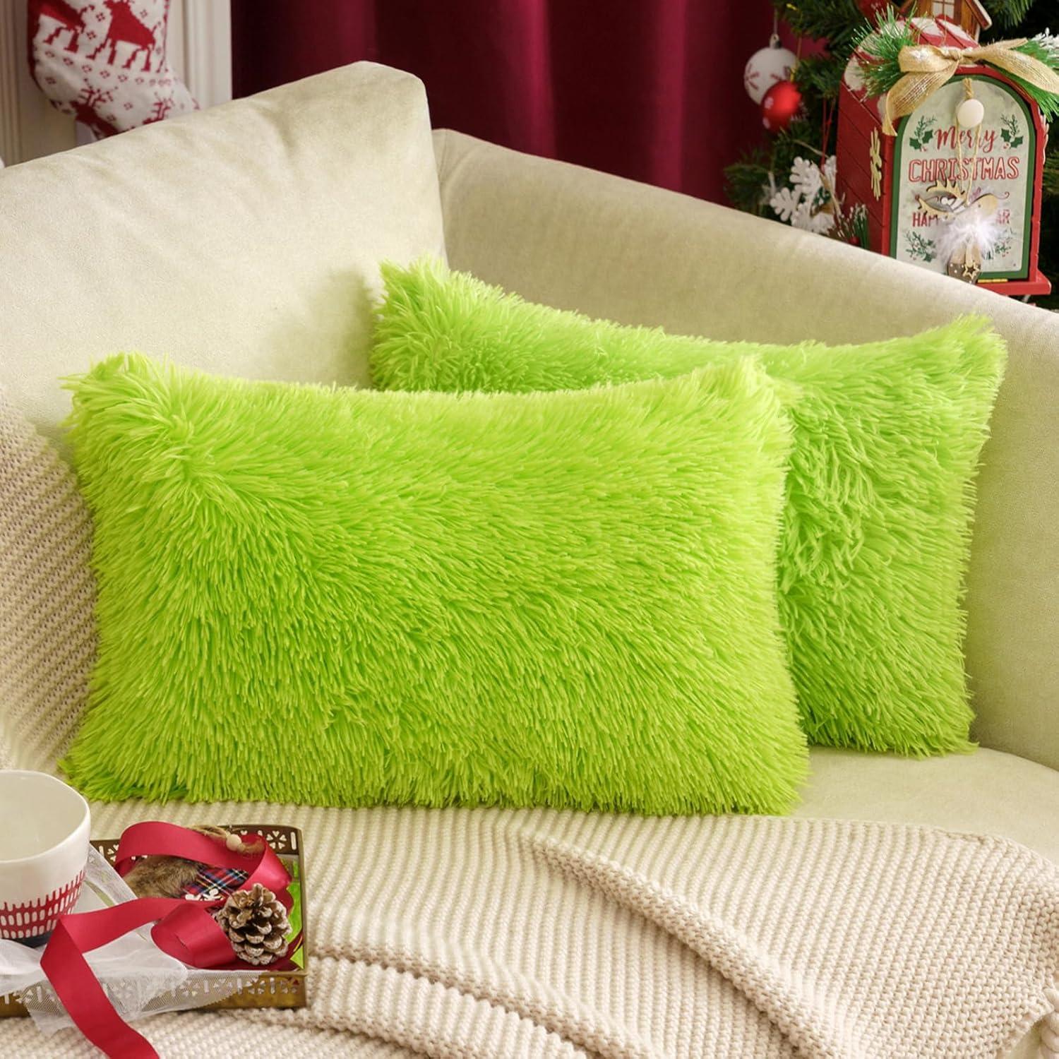 imageMIULEE Pack of 2 Luxury Faux Fur Throw Pillow Cover Deluxe Winter Decorative Plush Pillow Case Cushion Cover Shell for Sofa Bedroom Car 16 x 16 Inch BeigeGreen