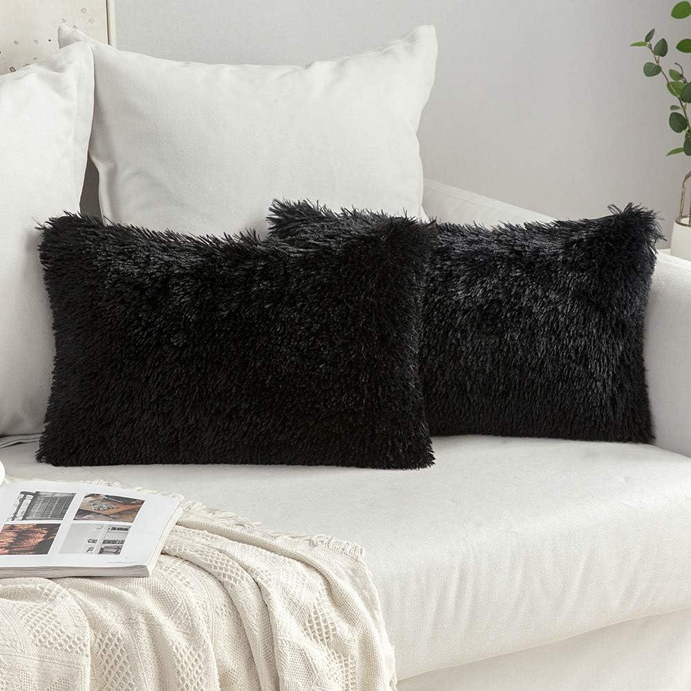 imageMIULEE Pack of 2 Luxury Faux Fur Throw Pillow Cover Deluxe Winter Decorative Plush Pillow Case Cushion Cover Shell for Sofa Bedroom Car 16 x 16 Inch BeigeBlack