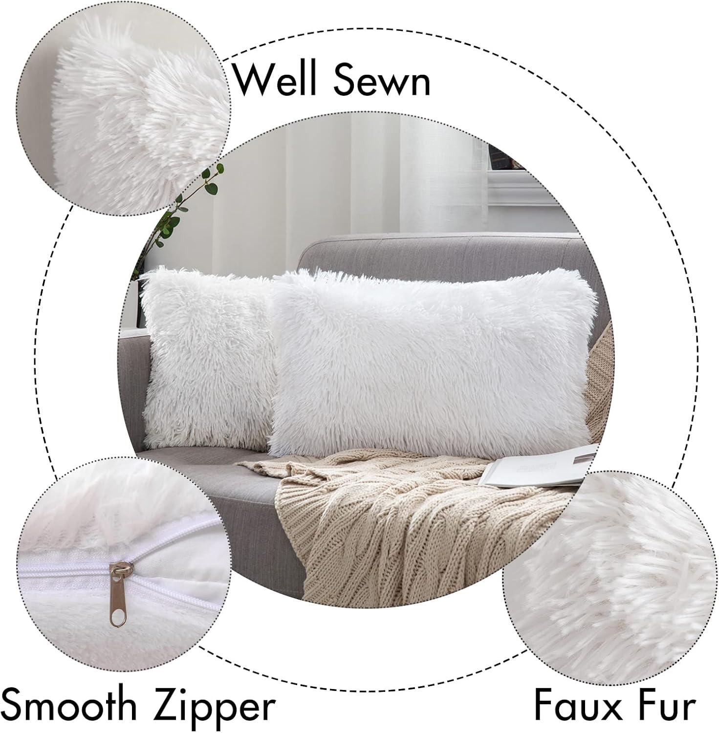 imageMIULEE Pack of 2 Luxury Faux Fur Throw Pillow Cover Deluxe Winter Decorative Plush Pillow Case Cushion Cover Shell for Sofa Bedroom Car 16 x 16 Inch BeigeWhite