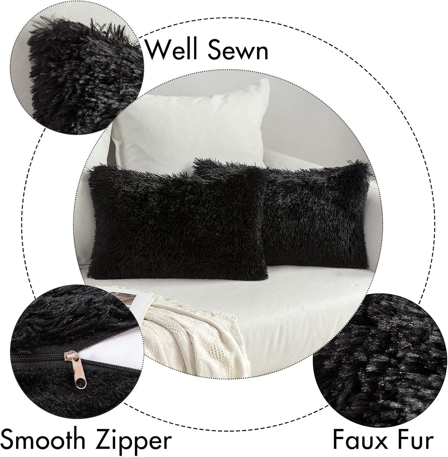 imageMIULEE Pack of 2 Luxury Faux Fur Throw Pillow Cover Deluxe Winter Decorative Plush Pillow Case Cushion Cover Shell for Sofa Bedroom Car 16 x 16 Inch BeigeBlack