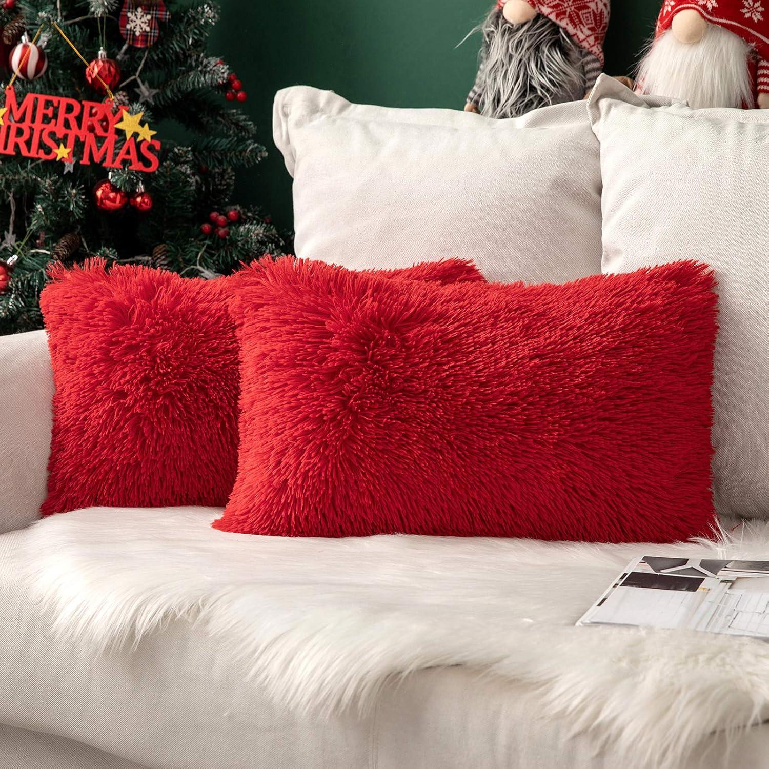 imageMIULEE Pack of 2 Luxury Faux Fur Throw Pillow Cover Deluxe Winter Decorative Plush Pillow Case Cushion Cover Shell for Sofa Bedroom Car 16 x 16 Inch BeigeRed
