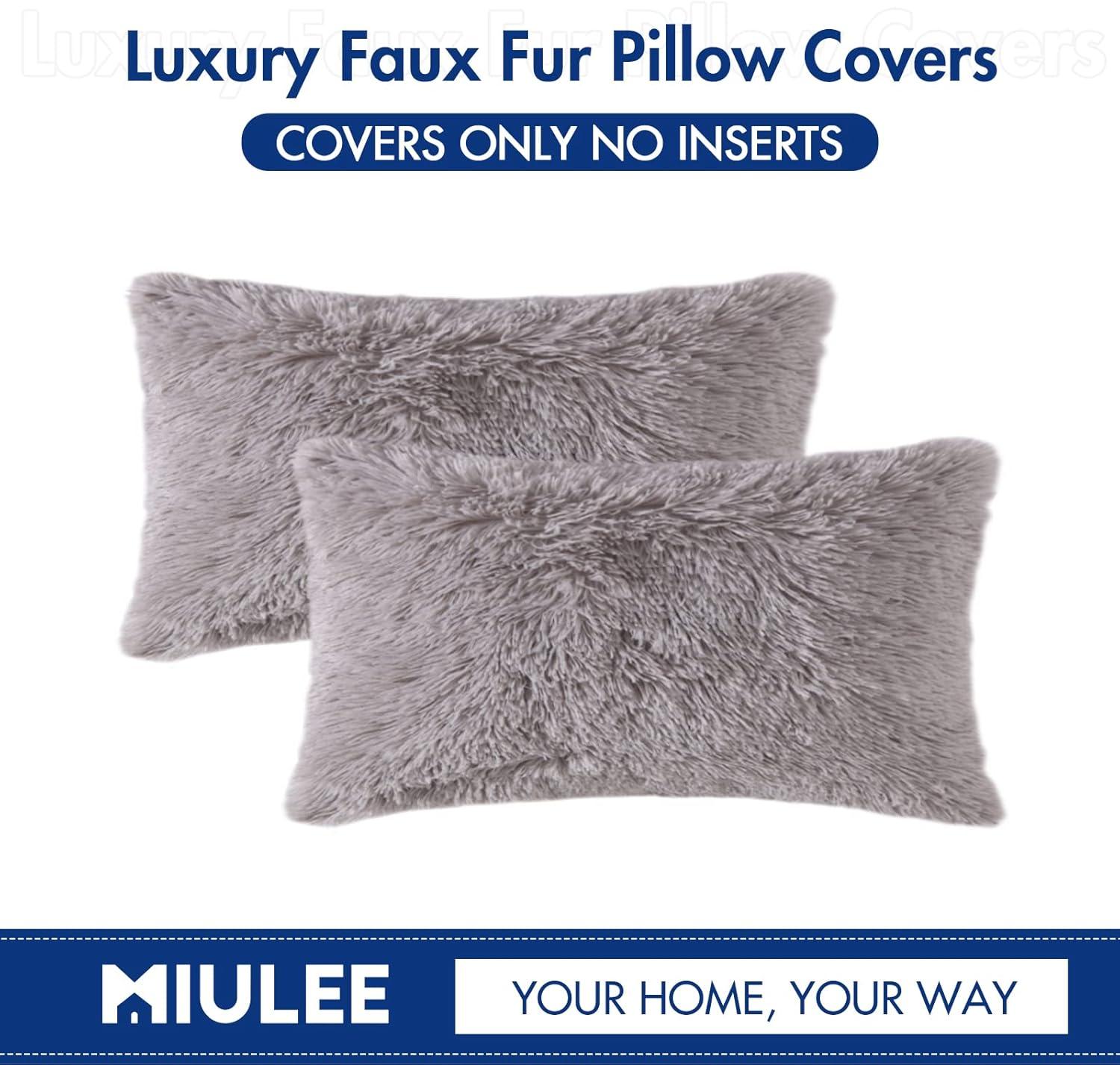 imageMIULEE Pack of 2 Luxury Faux Fur Throw Pillow Cover Deluxe Winter Decorative Plush Pillow Case Cushion Cover Shell for Sofa Bedroom Car 16 x 16 Inch BeigeGrey