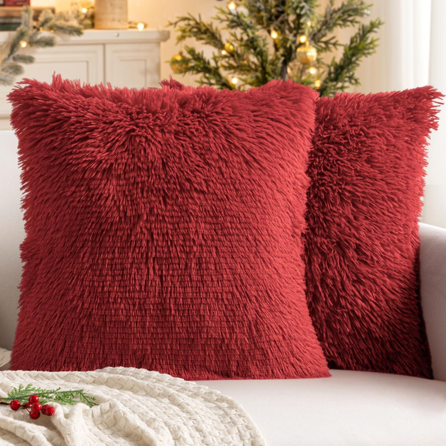 imageMIULEE Pack of 2 Luxury Faux Fur Throw Pillow Cover Deluxe Winter Decorative Plush Pillow Case Cushion Cover Shell for Sofa Bedroom Car 16 x 16 Inch BeigeRed